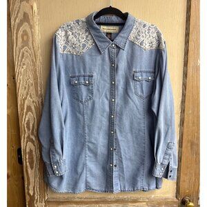 Womens Denim Pearl Snap Western Shirt W/ Lace Yoke Detail By Bit & Bridle 3X